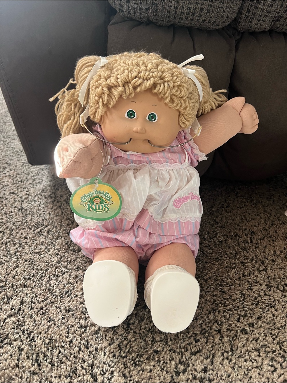 Vintage 1980s Cabbage Patch Kids with headgear -  Blonde hair in Pink Outfit